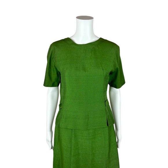 Vintage 70s Suit Set Women's Extra Small Solid Green Silk Blend Skirt Top Busine - Picture 3 of 10